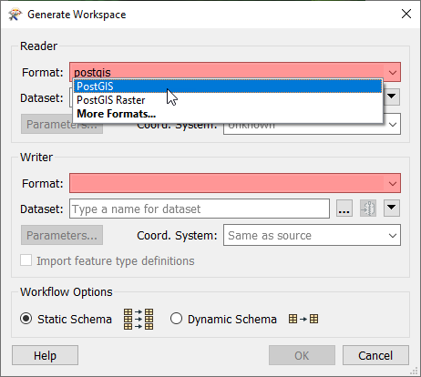 Selecting a Reader format in the Generate Workspace dialog